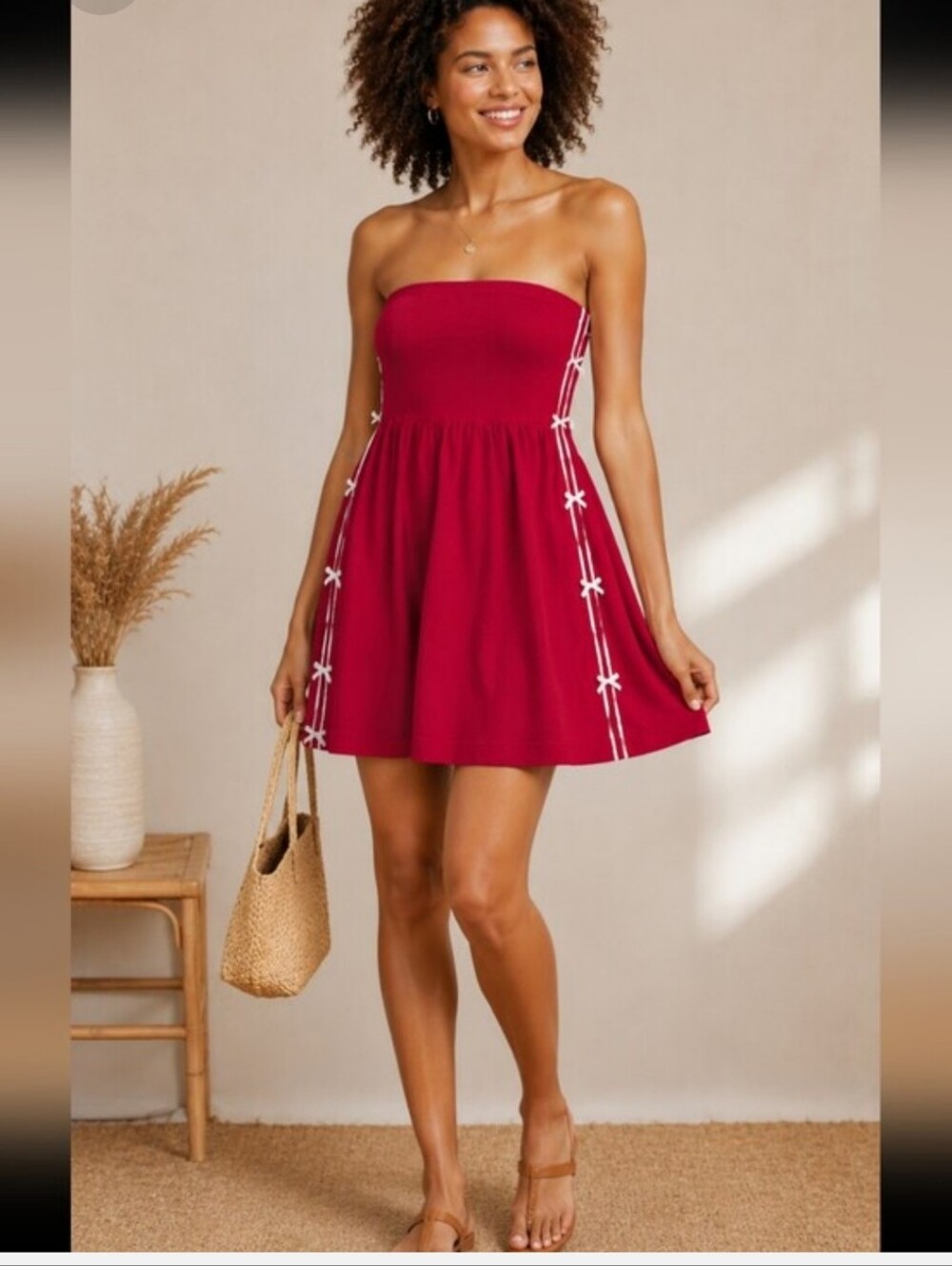 Daily Practice Anthropologie Red Mini Dress  with White Side Ribbon Detail